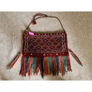 Vintage Afghan Carpet Bag Multicolor Tassels Wall Decor Handmade